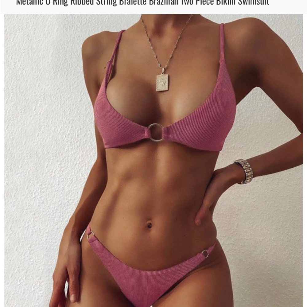 Metallic O Ring Ribbed String Bralette Brazilian Two Piece Bikini Swimsuit